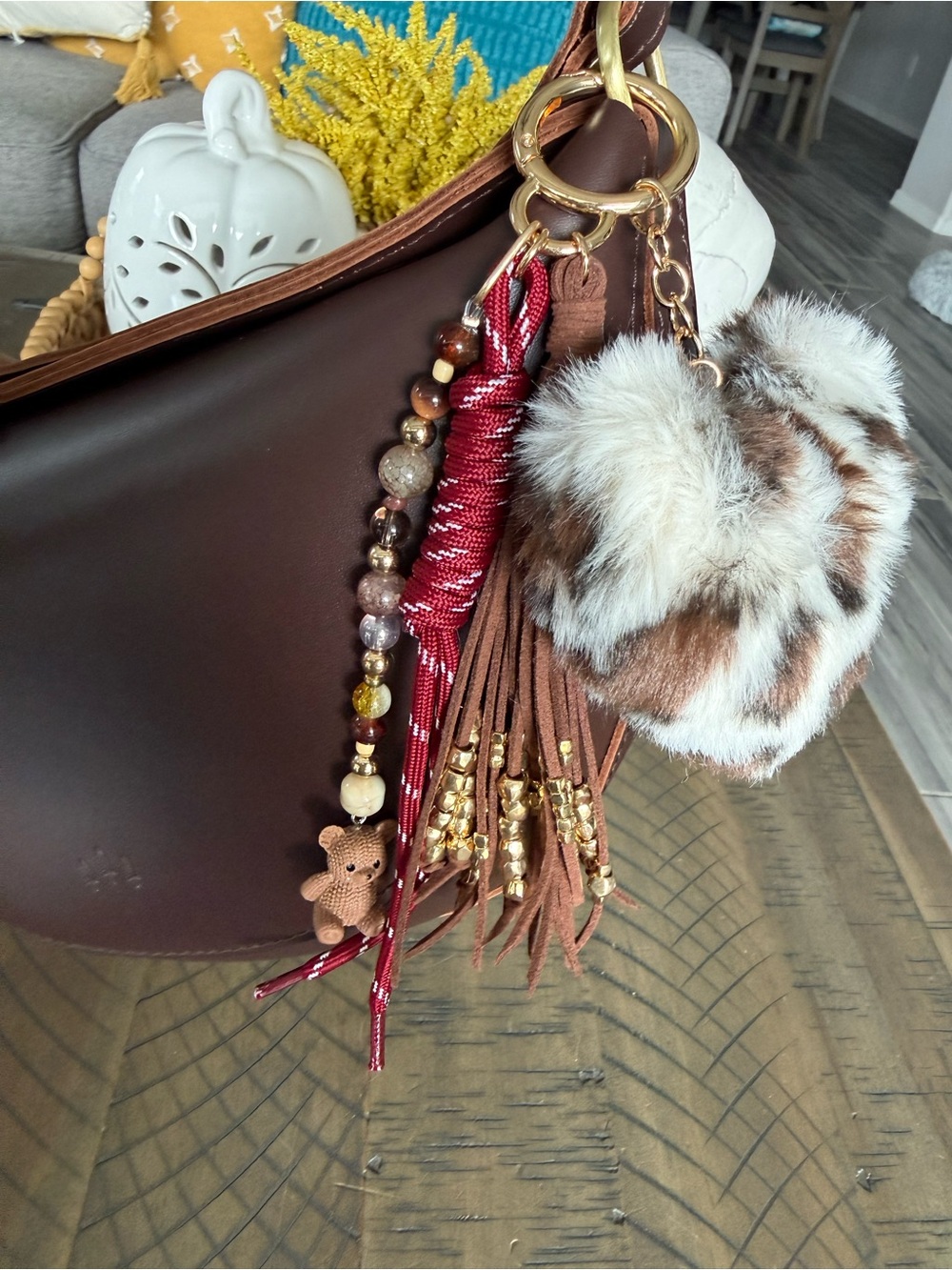 Brown Bag Charm with Faux Fur Pom Pom and Tassel Keychain